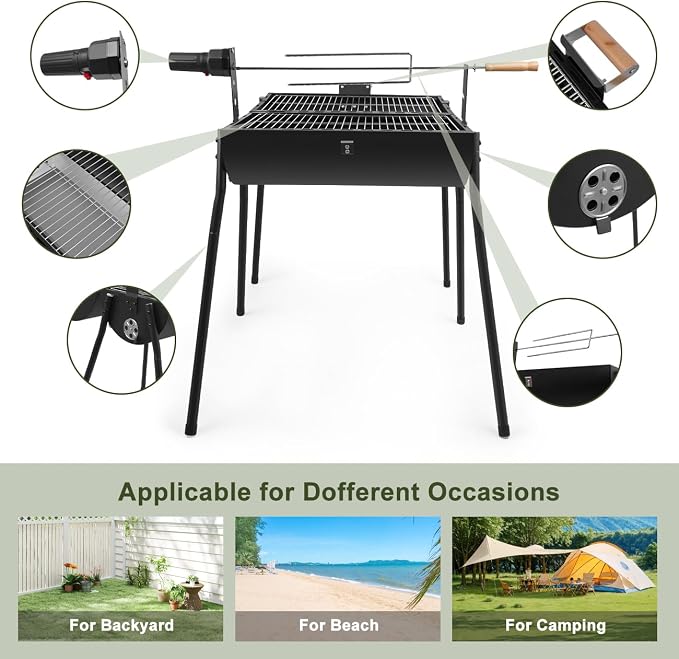 Portable Charcoal Grill with Thermometer - Barrel Charcoal Grills with Central Rotisserie Rack Double-sided Smoker Grill Outdoor BBQ Grill, Perfect for Backyard Camping, Patio Parties and Picnics