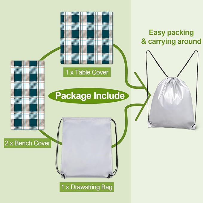 Play Tailor Picnic Table Cover with Bench Covers Camping Essentials Waterproof Windproof Camping Tablecloth with Drawstring Bag, Fitted Rectangle Tables and Seats, 72in, Green Checkered