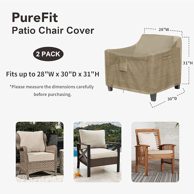 PureFit Outdoor Chair Covers Waterproof 2 Pack Patio Furniture Lawn Chair Covers for Outdoor Furniture with Air Vent and Padded Handles, Fits up to 28W x 30D x 31H Inches, Camel