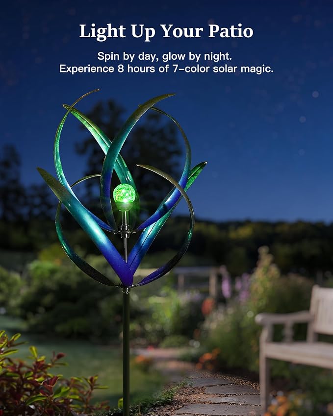Lariander Outdoor Wind Spinners with Solar Light, 82'' Metal Large Spinner Yard Art, Peacock Blue Wind Sculptures for Garden Lawn Patio, Gifts for Family