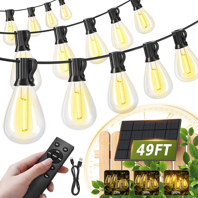 50FT Solar String Lights Outdoor, 18+1LED Shatterproof Bulbs with Remote & USB Port, Waterproof 3 Modes Dimmable Solar Lights for Backyard, Patio, Camping