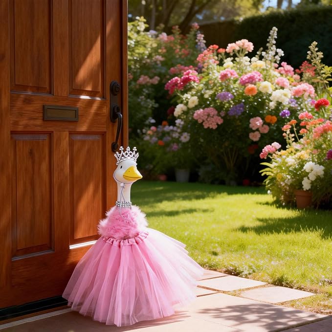 Porch Goose Statue with Princess Outfits Garden Decoration - 20" Large White Lawn Goose Statues Costume Crown Necklace Tutu Skirt Feather Trim for Indoor and Outdoor Garden Lawn Art Decor (Pink)