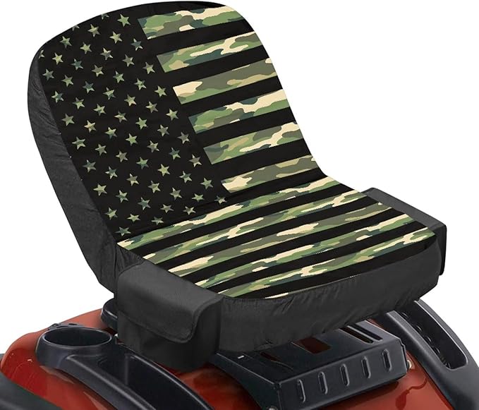American Flag Riding Lawn Mower Seat Cover for Tractor Accessories Camo Tractor Seat Cover with Drink Pouch Compatible with John Deere Cub Cadet, for Kubota
