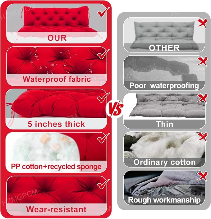 Premium 5" Thick Waterproof Outdoor Swing Cushions Sturdy Durable 2 Seat Replacement Porch Swing Cushions with Backrest&Ties Bench Cushion for Outdoor Furniture Backyard Patio (Bright red)