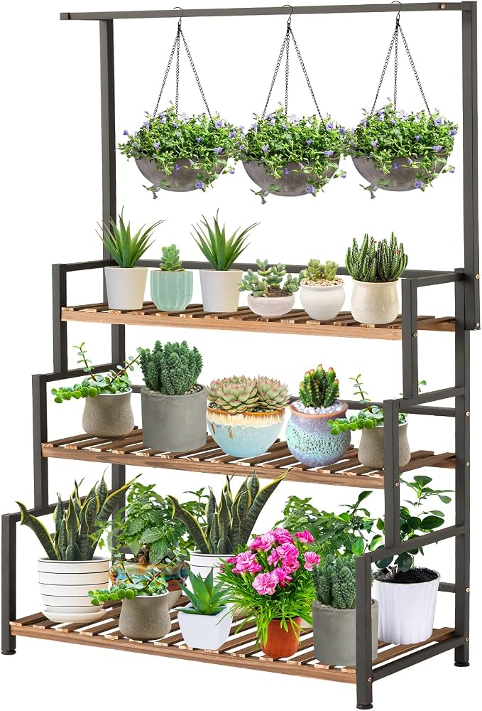 ULIKE 3-Tier Plant Stand with Hanging Bar for Indoor Outdoor Patio, Carbonized Pine Wood and Metal Frame Display Shelf, 52 Inch Tall Vertical Plant Rack for Balcony Garden Living Room
