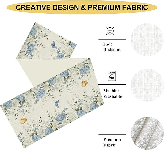 Hydrangea Table Runner, Rustic Country Blue Floral Watercolor Spring Summer Seasonal Flower Retro Coffee Table Center Decor for Family Kitchen and Dining Party Farmhouse Table Decorations, 13"x36"