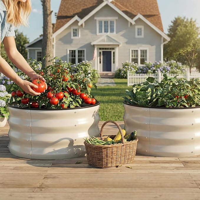 COMHOMA 2 Pack Round Raised Garden Bed 2x2x1ft,Galvanized Metal Planter Box Kit for Outdoor Gardening,Vegetable Flower Herb Growing Beds with Gloves Tools,White