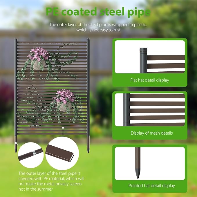 BUKLIYN Outdoor Privacy Screens - Length: 43in, Height: 70.8in Exterior Metal Privacy Patio Screen Panel,PE-Coated Steel Pipe and Slats for Brown，Perfect to Hide Trash Cans （1-Panel