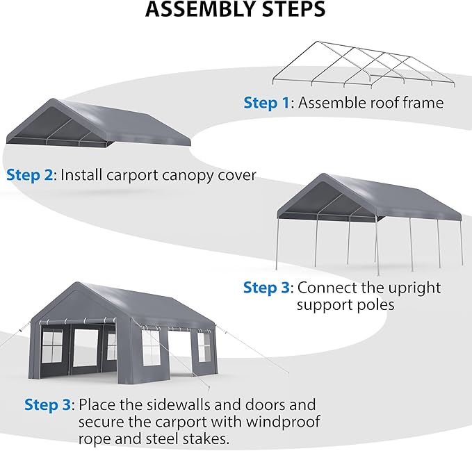 13x20FT Heavy Duty Portable Garage, Waterproof Carport with 5 Roll-Up Ventilated Windows & Removable Sidewalls, Garage Tent Shelter with 220G PE Tarp Cover for Temporary Paint Booth, Boats&Pickups