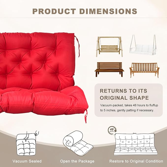 Porch Swing Cushion with Backrest,Waterproof Bench Cushion for Outdoor Furniture,2-3 Seater Replacement Thickened Swing Cushion with Ties,Patio,Outdoor,Backyard and Garden (Red,47x40)