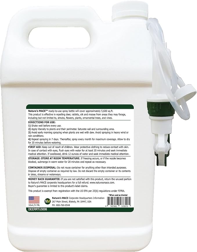 Nature’s MACE Deer and Rabbit Mace, Deer Repellent Spray, 1 Gallon, Deer Repellent for Plants, Flowers, Lawns, & Gardens, Deer Deterrent, All-Season Protection, Protect Plants Fast, Pet & Plant Safe