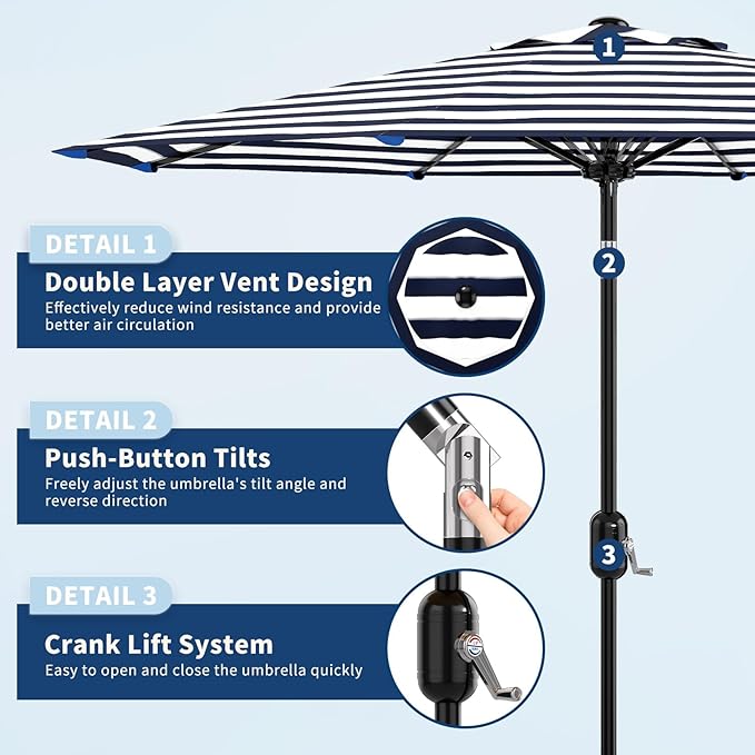Garvee 9 ft Patio Umbrella - 8 Sturdy Ribs Outdoor Table Umbrella with Crank Lift & Push Button Tilt - Market Umbrella for Pool, Deck, Yard, Garden - Black & White Stripe
