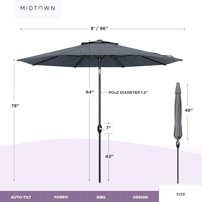 Midtown Umbrellas 10-Year-No-Fade - 8 Ft - UV Proof Heather Grey Polyester Fabric - Umbrella Outdoor Patio, Auto-Tilt Aluminum Frame Patio Umbrella for Garden, Pool & Deck - Black Pole