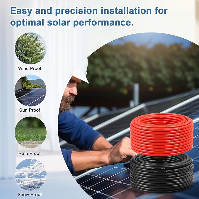 Solar Panel Wire 10 AWG(6mm²) - Solar Extension Cable 50Ft Black & 50Ft Red 10 Gauge Tinned Copper PV Wire for Outdoor Automotive RV Solar Panel Boat Marine (Black+Red)