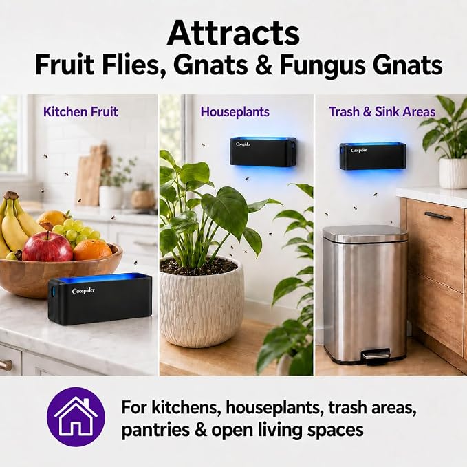 UV Fruit Fly & Gnat Trap Indoor, Fungus Gnat Trap for Houseplants, Wall-Mounted Fly Light Trap with 5 Sticky Glue Boards, Quiet No-Zap Bug Catcher for Kitchen, Living Room, Bedroom