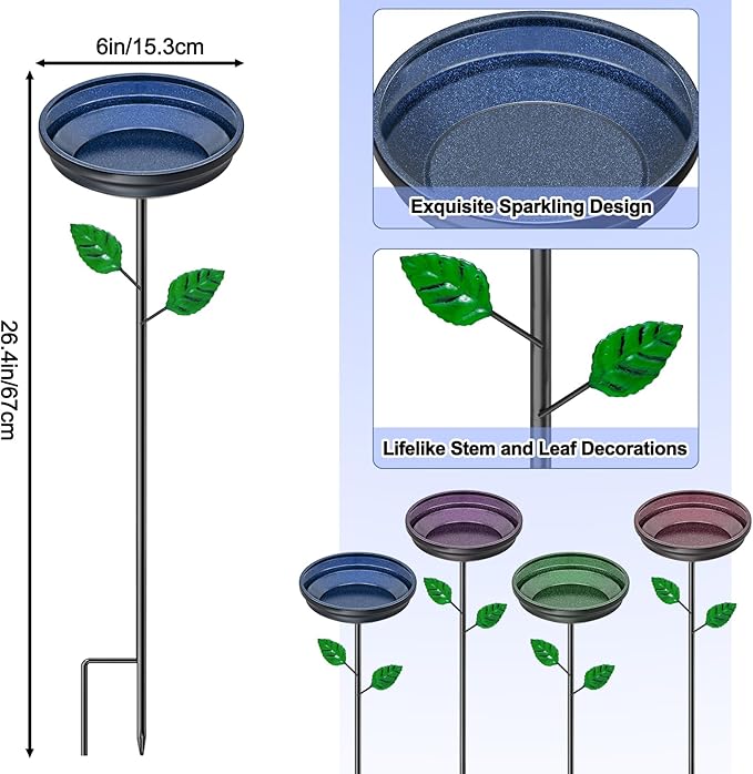 4PCS Hummingbird Bird Bath for Outside, Freestanding Metal Flower BirdBaths Bowl with Stake, Detachable Birdfeeder for Outdoor Yard Lawn Garden Decor (4PCS-Blue-Green-Brown-Purple)
