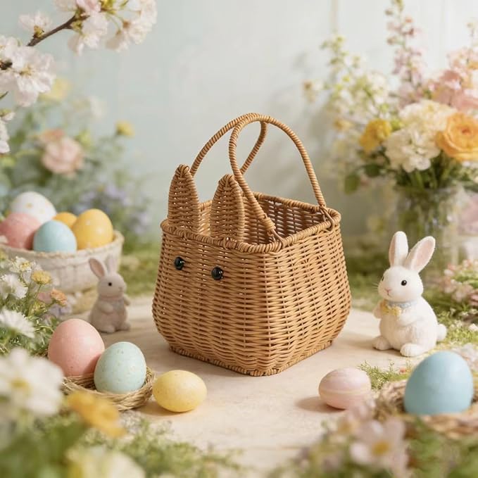 Picnic Basket, Garden Harvest Basket, Wicker Shopping Baskets with Foldable Handles, Reusable Handwoven Market Baskets for Carrying Shopping Storage Gathering (Brown, Bunny Ears)