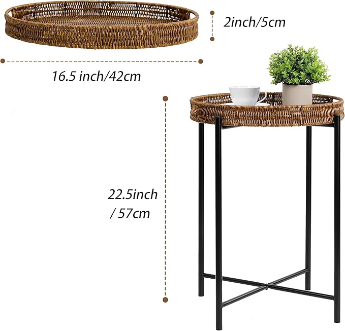 DINGTAI Small Wicker Round End Table, 16.5 in Rattan End Tables with Removable Tray, Waterproof Sofa Coffee Side Table, Indoor Outdoor Side Tables for Patio, Living Room Bedroom Office