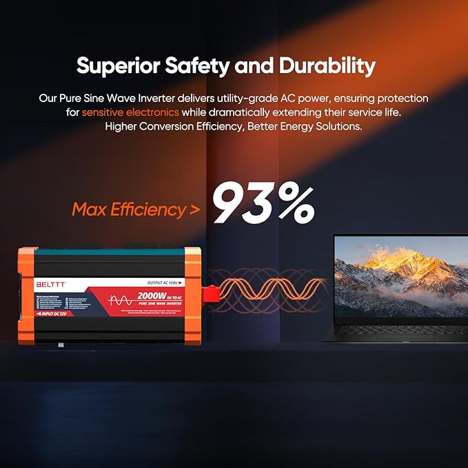 BELTTT 2000W Pure Sine Wave Inverter, Inverter 12V DC to 120V AC for Solar, RV, Truck, Outdoor, Power Inverter with Dual AC and 20A Socket, 5V 2.1A USB, Surge 4000W, Hardwire Port, Remote Controller