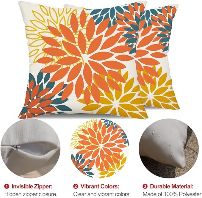 DFXSZ Orange Yellow Flower Pillow Covers 16x16 Inch Set of 2 Fall Throw Pillows Outdoor Waterproof Decor for Living Room Sofa Patio Funiture Garden Floral Polyester Pillow Covers 012E16