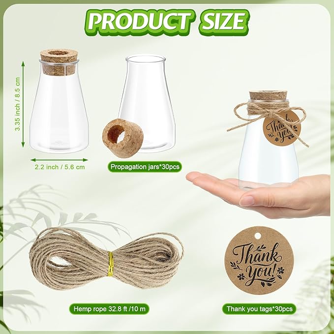 30 Pack Plant Propagation Stations, 3.35'' Plastic Propagation Jars Clear Hydroponic Small Vase Hanging Planter Tube with Cork Lid Tags for Plant Lovers Classroom Office Home Decor Women Garden Gifts