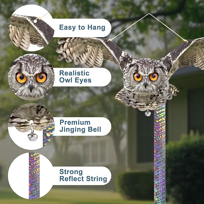 Fake Owl to Keep Pigeon Away from Balcony, 4PCS Pigeon Scare Devices, Flat Plastic Owls with Reflective Tape, Garden Owls to Scare Woodpecker Squirrel, Hanging Owl Decor for Porch Patio Outside
