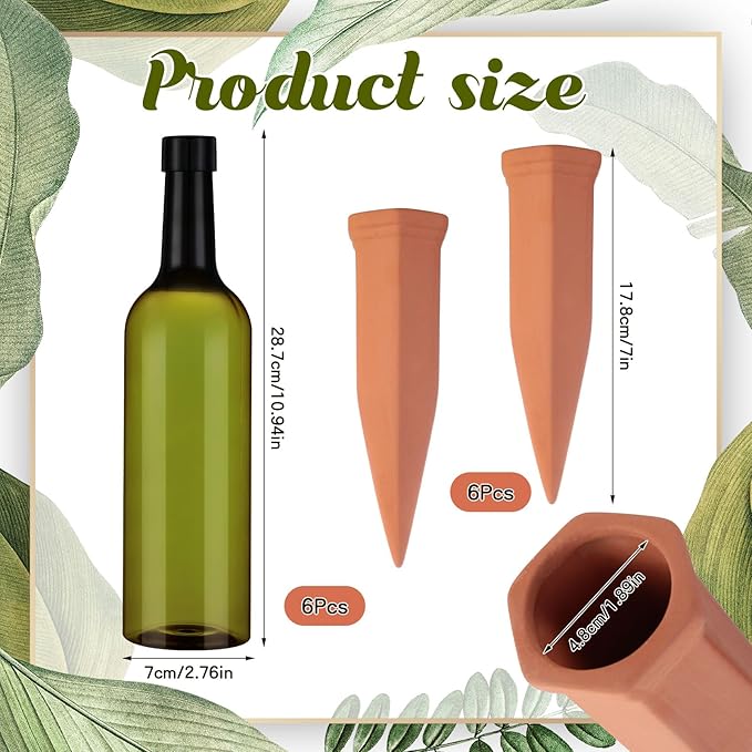 SiliFine 6 Sets Plant Watering Devices Include Terracotta Self Watering Spikes and 26 oz Plastic Bottles, Slow Release Vacation Insert Automatic Plant Waterer Device (Emerald Green and Terracotta)