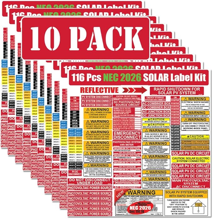 10 Packs of 116 Pack NEC 2026/2023/2020/2017 Code Compliant Photovoltaic Solar Panel Label Kit Electrical Panel Safety Stickers Outdoor Rated Waterproof Laminated