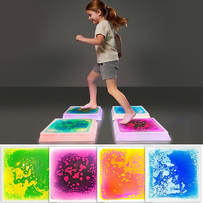 Liquid Light-Up Stepping Stones for Kids Ages 3+ – Step-On 12" Touch-Activated 7-Color LED Sensory Balance Stones for Obstacle Course, Sensory Path and Calm Corner (4-Pack)
