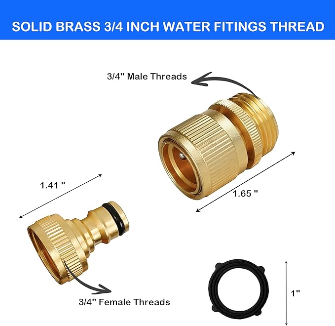 Hourleey Garden Hose Quick Connect, 4 Set Solid Brass 3/4 Inch GHT Thread Garden Hose Quick Connect Fittings, No-Leak Male and Female Water Hose Quick Release Connectors