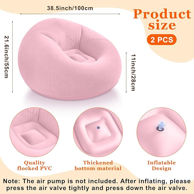 Realspring Inflatable Bean Bag Chairs Outdoor Blow up Camping Chairs Inflatable Lazy Sofa Folding Portable Bean Bag Loungers Couch for Movie Night (Light Pink,2 Pcs)