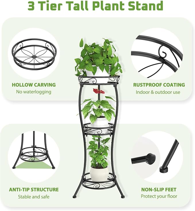 iDavosic.ly 3 Tier Plant Stand for Indoor Outdoor Set of 2, 34 Inch Vertical Flower Pot Display Holder Shelf and Metal Tall Corner Orchid Rack for House Patio Balcony Garden Living Room Porch, Black