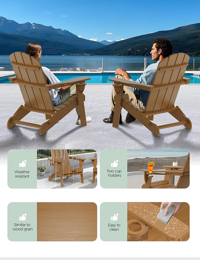 Folding Adirondack Chair Set of 4, Wooden Textured Plastic Adirondack Chairs with 2 Cup Holder, Weather Resistant HDPE Fire Pit Chair, Outdoor Patio Chairs for Garden, Backyard, Lawn, Deck, Teak