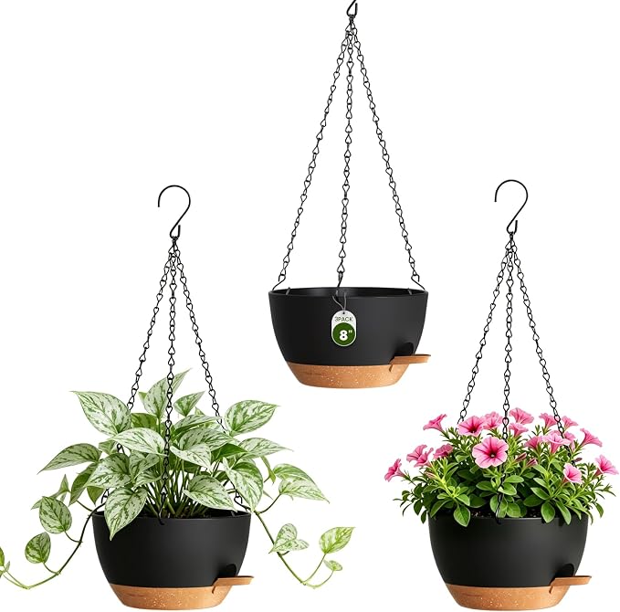 8 Inch Self Watering Hanging Planters, 3 Pack Plastic Plant Pots | Sturdy lightweight pot with side watering lip, drainage holes, snap-on detachable tray & hanging chain for easy care