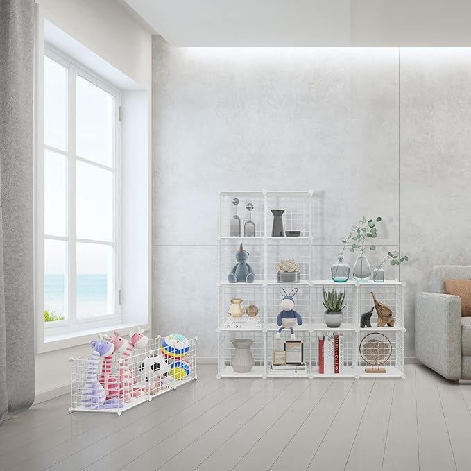 HUBSON Wire Cube Storage Organizer, Book/Toy/Craft/Potted Plants and petCloset Organizers and Storage Shelves, 9-Cube Freely Combinable Metal Grids Storage Shelf,White Plus Iron