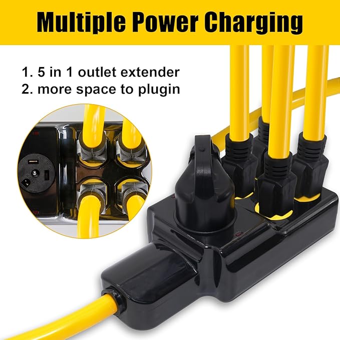 NEMA TT-30P to 4X 5-20R/5-15R&TT-30R Generator Adapter Extension Cord, 3 Prong 30 Amp to 110V,Twist Locking to 15 Amp/20 Amp Household Outlet, 125V 3750 Watts, ETL Listed (3FT)