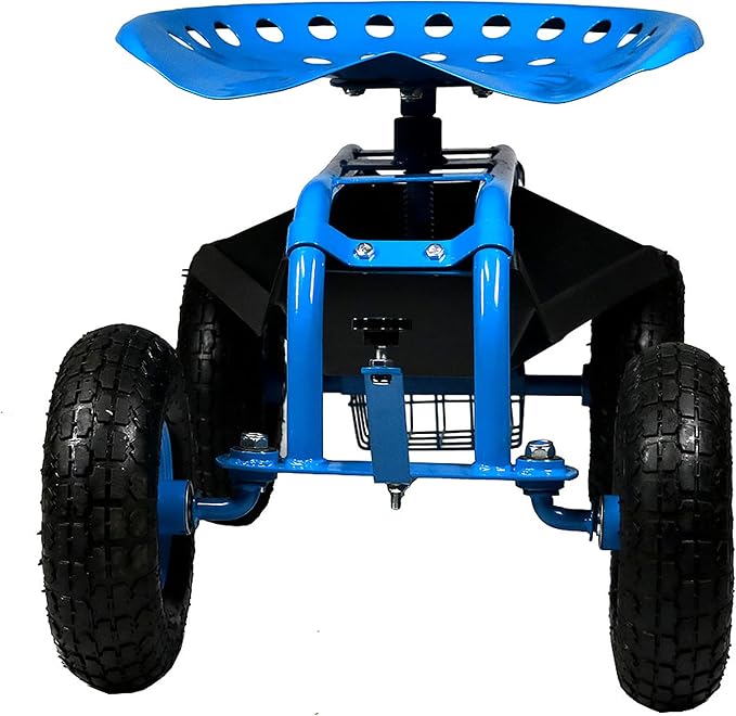 Sunnydaze Rolling Garden Cart with Seat - Garden Stool with Wheels and Adjustable 360-Degree Swivel Seat - Utility Tool Tray and Storage Basket - Blue