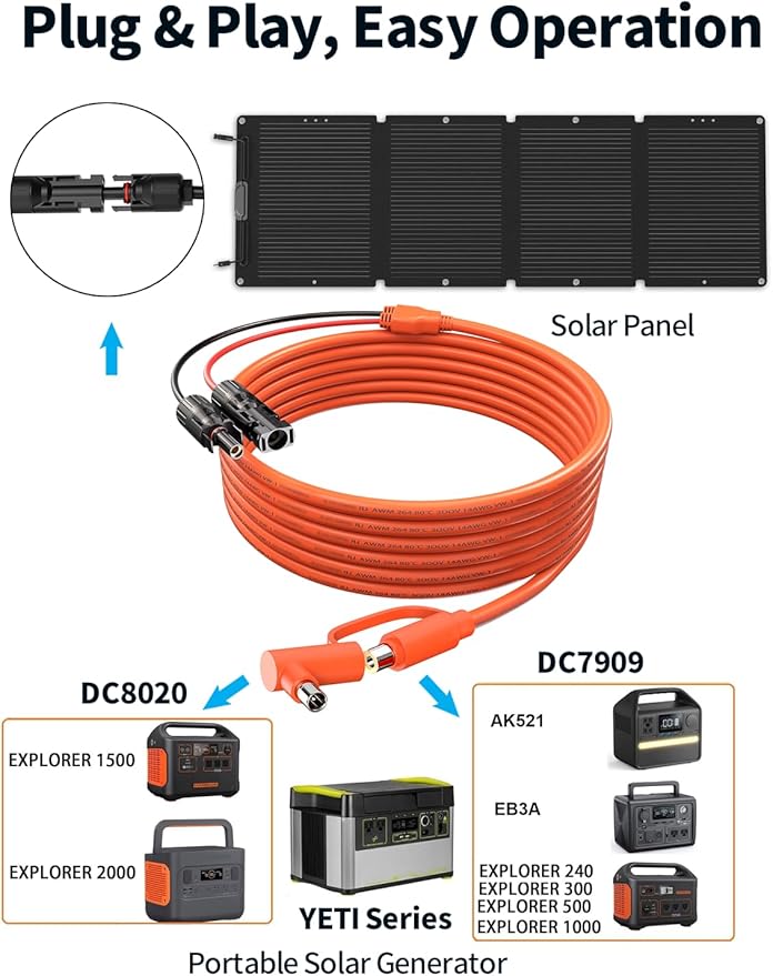 Solar Connector to DC 8mm Adapter Cable, 2M 6FT 12AWG+14AWG Solar Cable with DC8020/7909 for Jackery Explorer 160 240 500 1000 GZ Yeti BLUETTI Portable Power Station, Solar Generator, Solar Panel