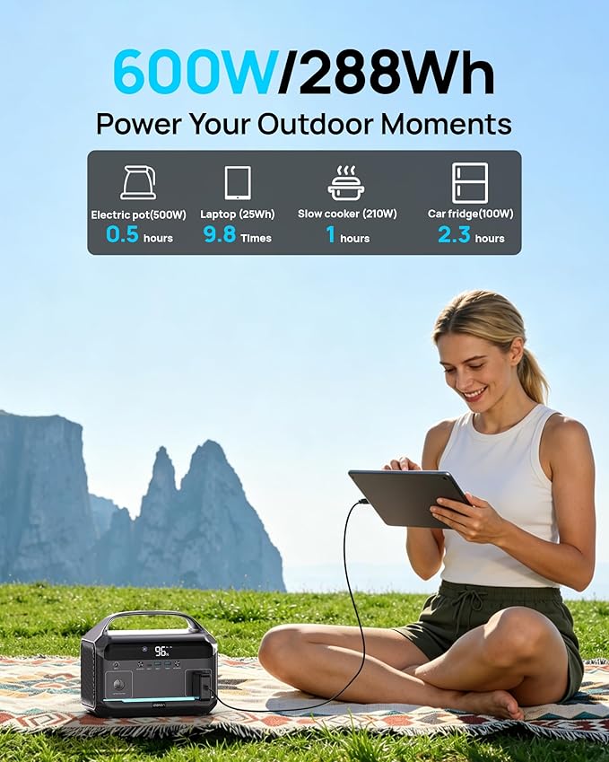 Portable Power Station 600W, 288Wh LiFePO4 Battery Solar Generator, Power Bank with AC Outlet 110V/ 1200W Surge, PD 100W Output Fast Charging for Outdoors Camping, Home Emergency, Hunting Blackout