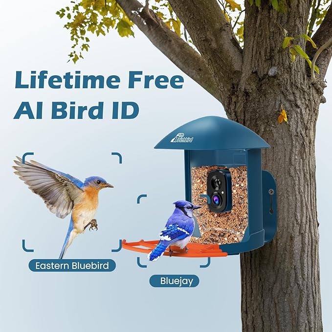 Smart Bird Feeder with Camera, 2K HD Birdwatching Camera with AI Identify Bird Species & Solar Panel, Auto Video Capture & Instant Notifications, Ideal Gifts for Lover, Deep Blue