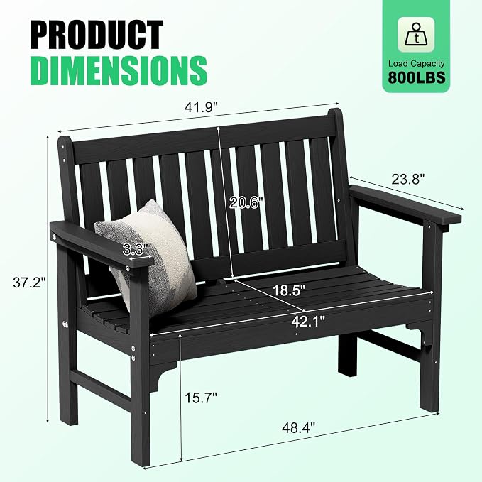 JUMMICO High-Density Polyethylene Outdoor Garden Bench, Ergonomically Designed, Weather-Resistant, 800-Pound Weight Capacity, Perfect for Gardens, Patios, Porches, and Backyards, 2-Person, Black