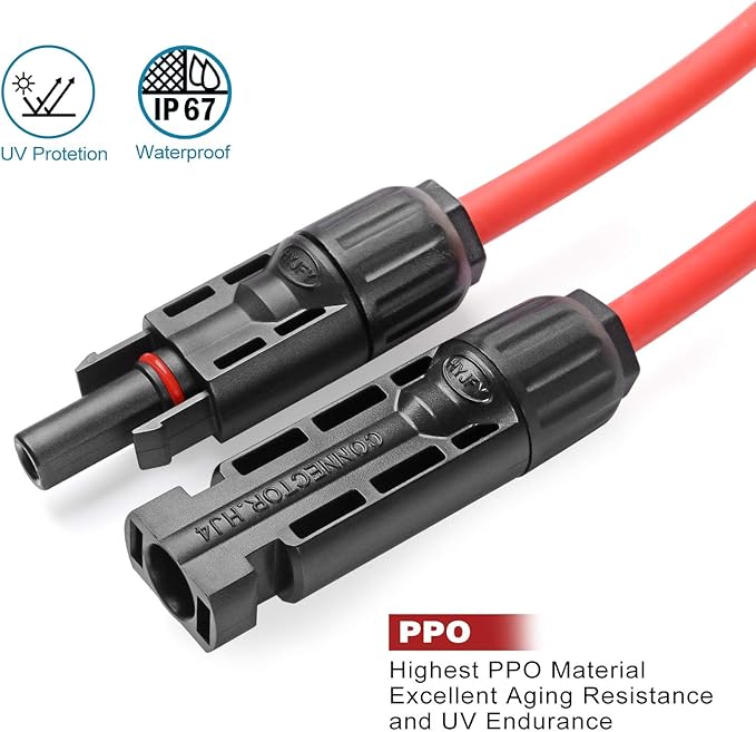 Solar Extension Cable 10AWG MC4 Connector,PV Wire Extension Cord with Male and Female Connectors,UV Resistant & Waterproof IP67, for RV Boat, Camping, 20 FT Black + 20FT Red
