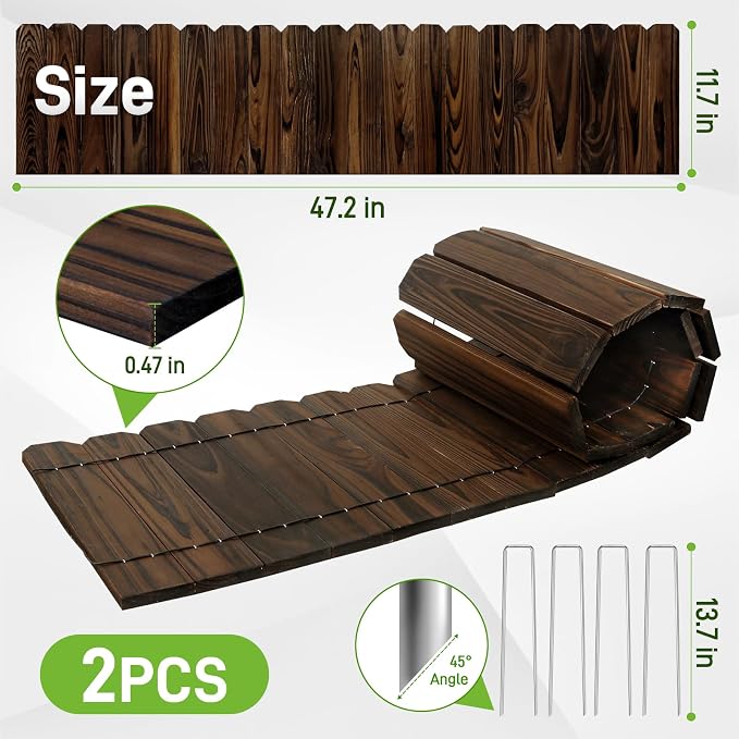 Mulctun Wood Garden Edging - 11.8" H X 47" L Sturdy Wooden Landscape Edging, Natural Flower Bed Edging Borders, Decorative Wooden Garden Fence for Yard Flower Bed Lawns Pathway Tree (2 Packs)