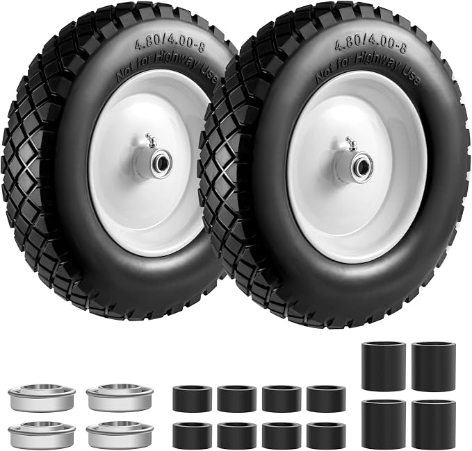 4.80/4.00-8" Tire and Wheel Flat Free 2 PCS, 16" Solid Wheelbarrow Tire with 5/8" & 3/4" Bearings,3"-7" Centered Hub, 14"-16" Universal Fit for Hand Truck/Garden Trailer/Trolley/Wagon