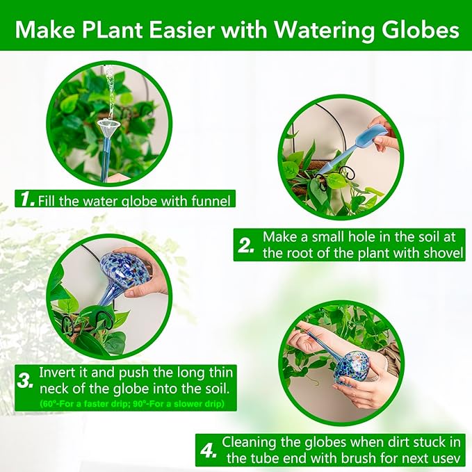 Plant Watering Globes 8"L x 3.5"D, 4Pcs Large Self Watering Planter Insert Glass Plant Watering Devices for Indoor Outdoor Plants, Mushroom Automatic Plant Waterer Watering Spikes Bulbs+Funnel &Shovel