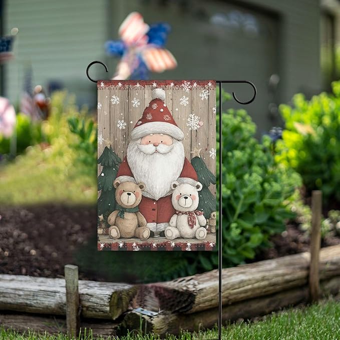 Pfrewn Christmas Winter House Flag 28x40 Double Sided Cute Santa Claus with Bear Wodden Large Garden Yard Flags Welcome Seasonal Outdoor Indoor Banner for Xmas Holiday Yard Home Decoration