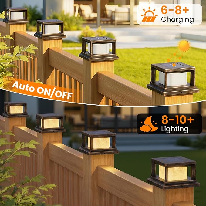 Mlambert 8 Pack Solar Post Lights Outdoor, 2 Modes LED Fence Cap Light for 4x4 Post, Waterproof Deck Light Patio Garden Decor, Warm/Cool White, Brown
