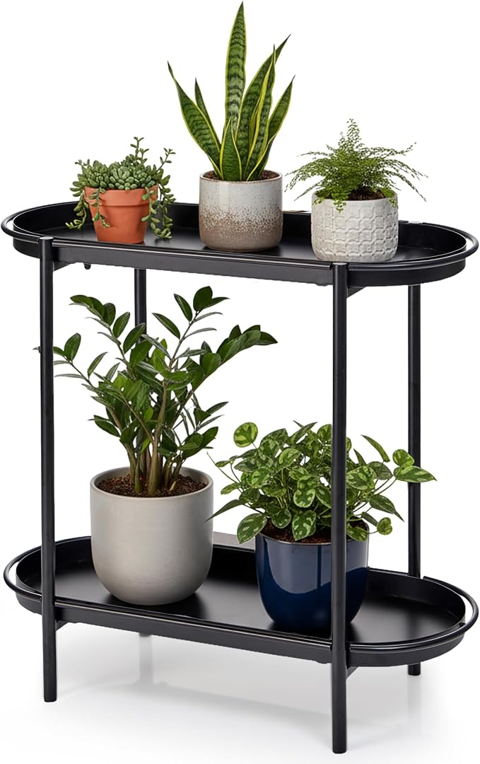 Large Metal 2-Tier Multi-Purpose Stand – Sleek Black Indoor/Outdoor Oval Shelving Unit; Modern Storage Rack for Home Decor, Books, Bathroom Essentials, or Plants