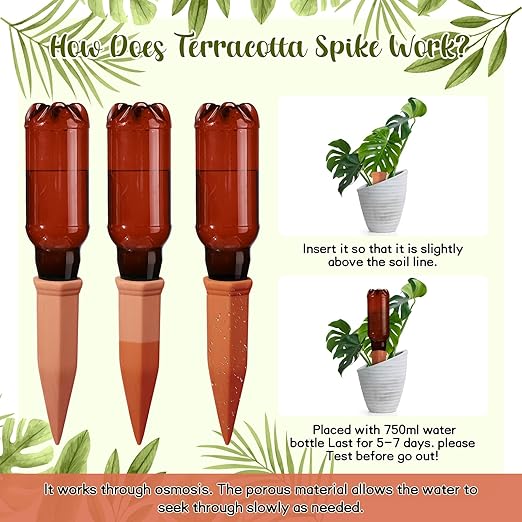 SiliFine 6 Sets Terracotta Self Watering Spikes with 26 oz Plastic Bottles, Plant Watering Devices Slow Release Vacation Insert Automatic Plant Watered Device