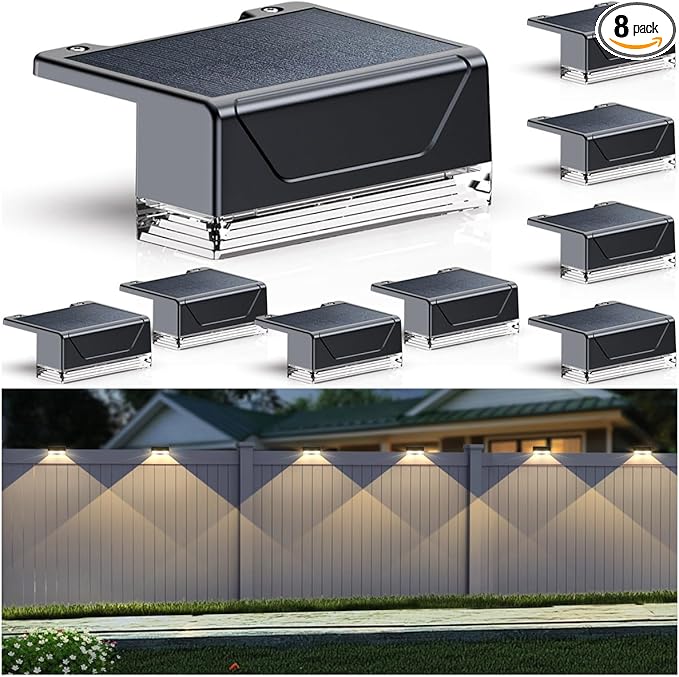 Solar Fence Lights Outdoor - 3000/4000/6000K 3 Mode, IP65 Waterproof Fence Lights Solar Powered, Dusk to Dawn Solar Light for Outside, Backyard/Step/Patio/Deck/Stair Railings and Wall (8 pack)